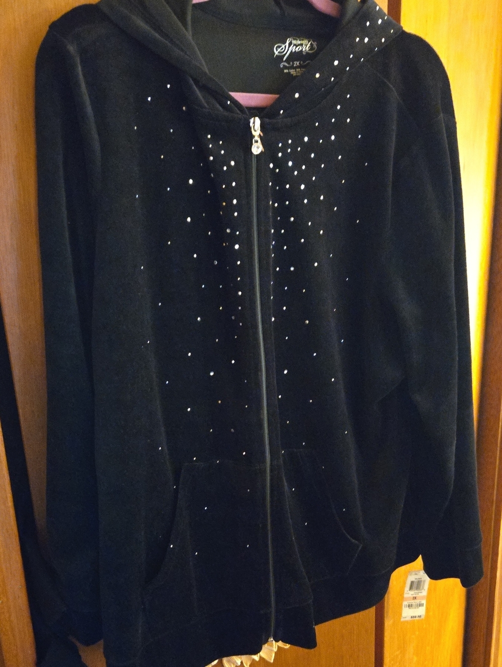 Sporto Black Velour Zip-Up Hoodie with Sparkle Studs